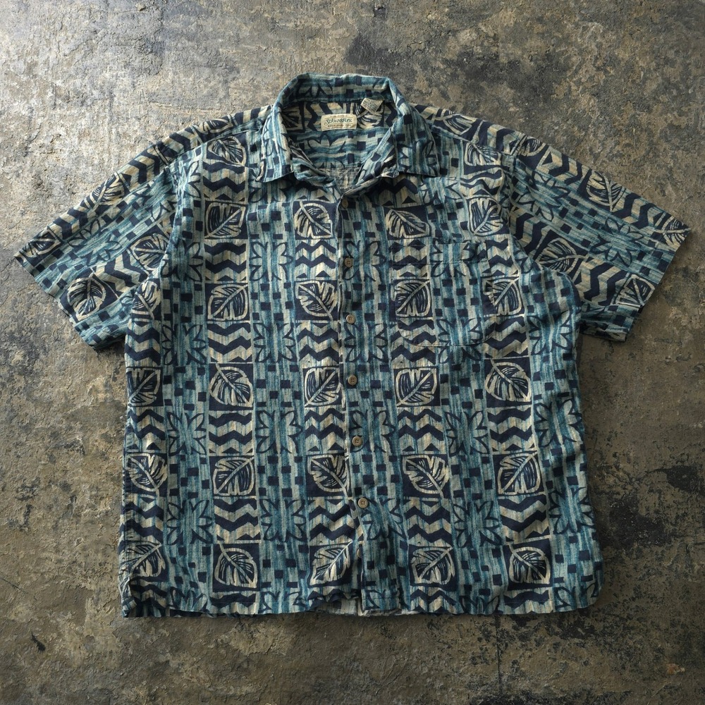 Vintage 90s St Johns Bay Blue Leaf Print Linen Blend Button Up Shirt Large